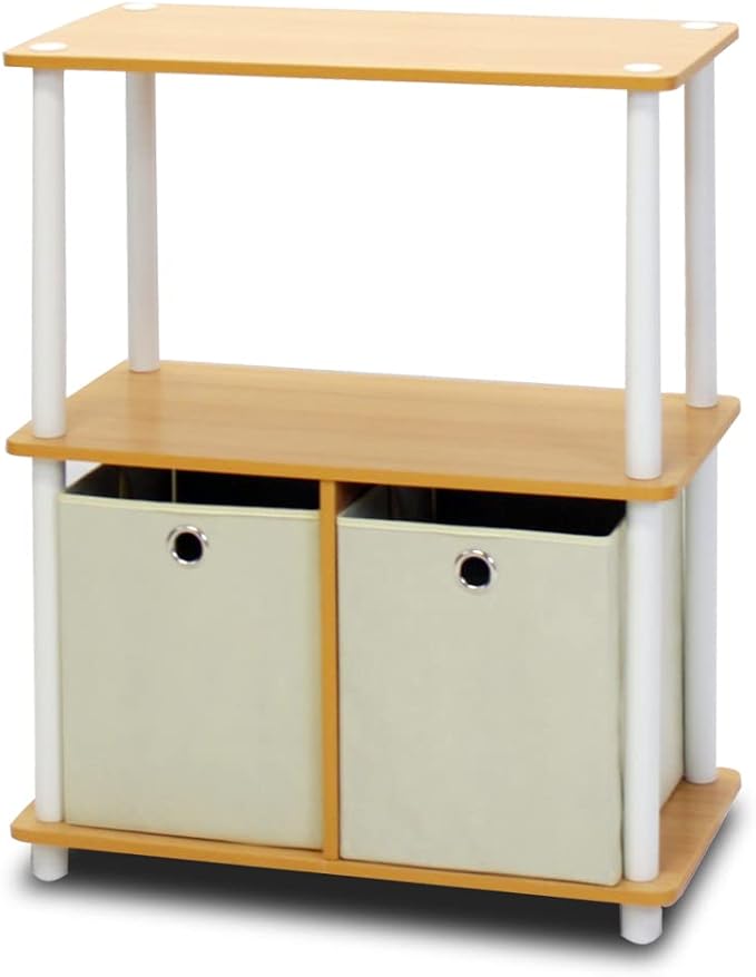 Furinno TURN-N-TUBE Storage Shelves Set of 2, 3-Tier Toolless Book Shelf with Storage Bins, Display Shelf, for Organization and Storage, Living Room, Garage, Home Office, Beech