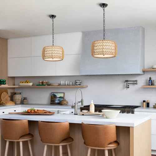 WILON 12.4'' 3-Light Rattan Chandelier with Fabric Shade, Dining Room Light Fixtures Over Table, Modern Boho Pendant Lights Kitchen Island Lighting, Farmhouse Rustic Drum Hanging Lamp with E26 Base