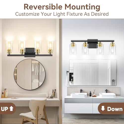 4-Light Bathroom Light Fixtures, 27" Modern Vanity Lights Over Mirror with Clear Glass Shades, Black & Gold Wall Sconce, Classic Wall Light Fixture for Mirror Living Room Cabinet Bedroom Porch Kitchen