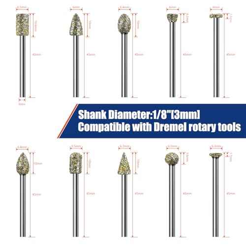 20Pcs 46-Grit Diamond Grinder Bits for Dremel Tool Accessories, 1/8" Shank, Rotary Tool Bits for Stone Glass Resin Porcelain Ceramic Dog Nail Glaze Metal Carve Engrave Polish