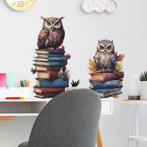 Cute Owl Books Educational Wall Stickers, sacinora Reading Corner DIY Cartoon Animal Wall Decals Removable Vinyl Peel and Stick for Kids Baby Nursery Bedroom Classroom Preschool Art Decorations