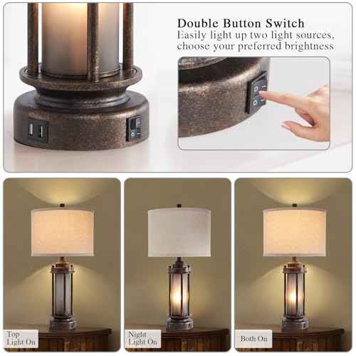 25'' Farmhouse Table Lamp with 2 USB Charging Ports, Rustic Vintage Nightstand Lamp with Frosted Glass Nightlight, Retro Desk Lamp for Living Room Bedroom End Table Entryway, 2 Bulbs Included
