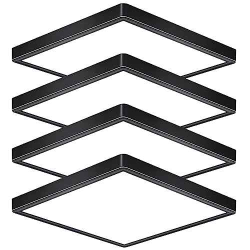12 Inch 24W Flush Mount Square LED Ceiling Light, 3000K/4000K/6000K Adjustable Flush Mount Light Fixture, 2800LM Bright Flat Ceiling Light Fixtures for Bedroom, Kitchen, Hallway (Black-4 Pack)
