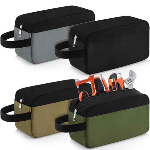 Eccliy 4 Pack Tool Pouch Canvas Zipper Pouch 12 Inch Small Tool Bags with Handle Dual Compartments Utility Bag Toolboxes for Men Electrician Mechanic Tools Storage(Black, Khaki, Army Green, Gray)