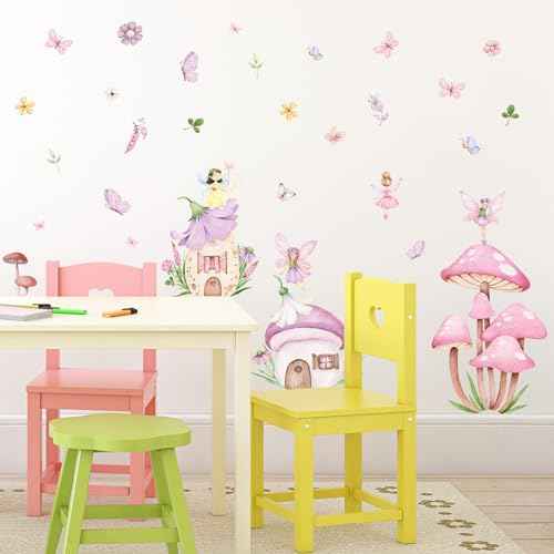 9 Sheet Fairy Mushroom Wall Decal Woodland Pink Mushroom Spring Floral Mural Sticker Peel and Stick Forest Nursery Wallpaper Decal for Bedroom Living Room Playroom Decor