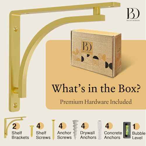 Classic Brass Heavy Duty Shelf Brackets 12 inch by Balin Designs ? Gold L Bracket, Wall Mounted Support, Shelving Metal Bracket, Decorative Shelf Brackets, with Hardware Included, Set of 2