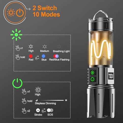 Super Bright Flashlight High Lumens 10000 Rechargeable, Powerful 30W LED, Long Lasting 30H, Daul Bottons 10 Modes with Side Light, Quick USB C Charge & Output, Multi-functional for Home Camping Hiking