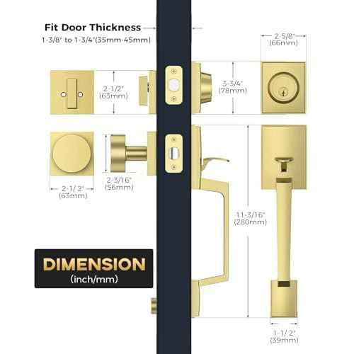 Front Door Handle and Deadbolt Set, Gold Front Door Lock Set with Modern Knob, Exterior Entry Lock with Adjustable Single Cylinder Deadbolt, Reversible for Right & Left