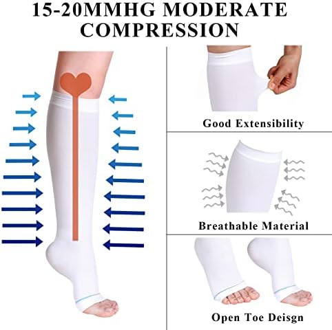 Sintege 4 Pairs Open Toe Anti Embolism Compression Stockings TED Hose 15-20mmHg Compression Socks 18mmHg Toeless Knee Socks for Women Men Swelling