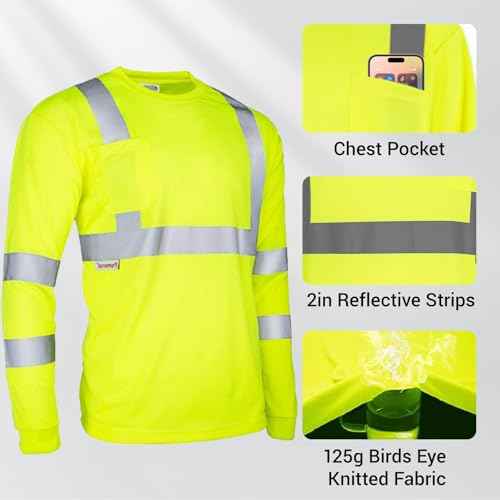 3Pack Hi Vis Class 3 Reflective Safety Shirt - Long Sleeve Work T-Shirt