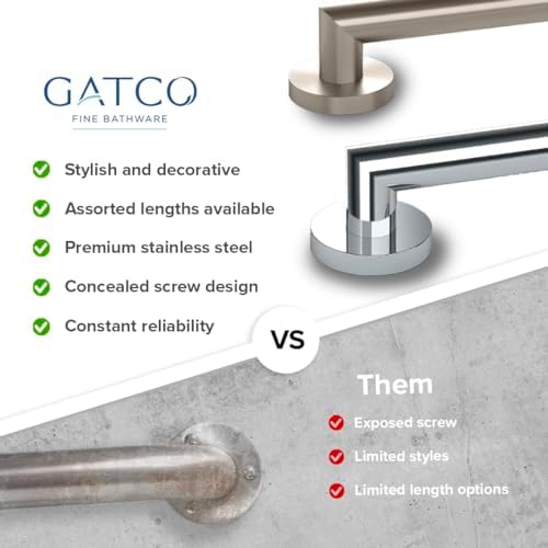 Gatco 974 Glam Wall Mounted 24" Grab Bar, Satin Nickel/ADA Compliant Safety Grab Bar for Bathroom