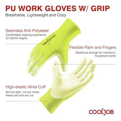 COOLJOB 60 Pairs Safety Work Gloves Pack Bulk with Grip PU Coating, 13 Gauge Seamless Knit Gloves with Polyurethane Dipped for Warehouse Working, Breathable Lightweight for Men Women, Yellow Large