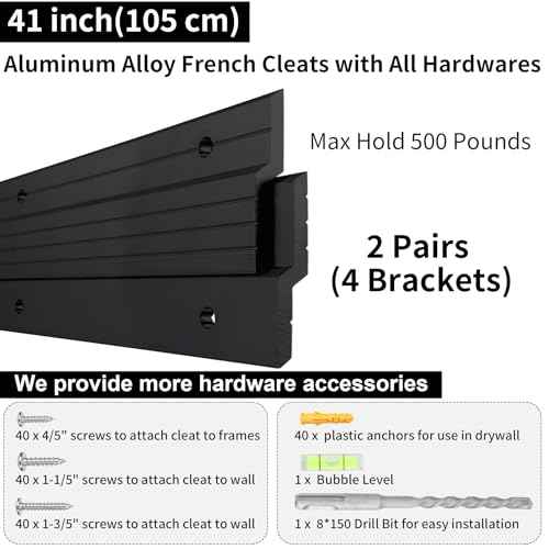 Black French Cleat Hanger 41 inch - 2 Pairs Heavy Duty Aluminum Alloy Z Bar Clips Picture Hanging Kit Wall Mounting 500 lbs Load Interlocking Brackets Mirror Hanging Hardware Frame Hanger