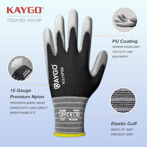Work Gloves PU Coated 12 Pairs, KG15P,Nylon Liner with Flexible Polyurethane Coating,Safety Work Gloves for DIY, Assembly, Warehouse, Light Duty Work (Large, Black)