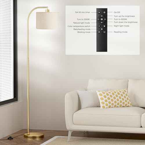 Arc Floor Lamp with Remote and Stepless Dimmable Bulb, Colors Temperature & Brightness Adjustable, Gold Floor Lamps for Living Room£¨Deep Beige Shade & Gold Pole£©