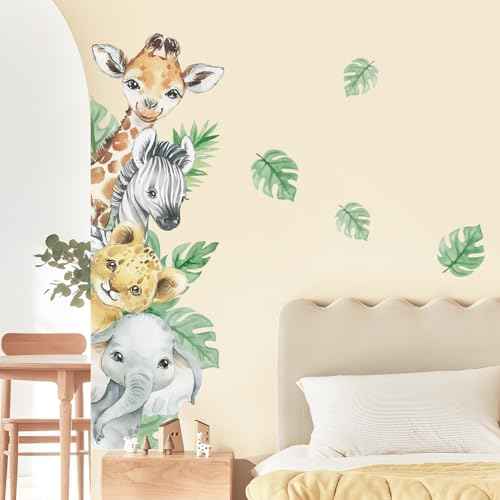 Supzone Jungle Animal Wall Stickers - Cartoon Animal Wall Decals with Giraffe, Zebra, Elephant & Green Leaves - Wall Art Stickers for Kids, Baby Nursery, Bedroom, Playroom & Kindergarten Decor