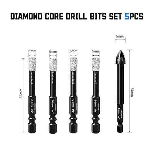 Dry Diamond Core Drill Bits Set 5PCS, 1/4" Carbide Drill Tile Hole Saws Vacuum Brazed with Hex Shank for Ceramic, Porcelain Tiles, Marble, Granite, Quartz, Glass, Hard Materials.