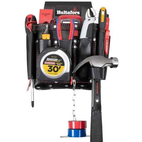 Hultafors Work Gear HT5421 Electrician's Premium Leather Tool Pouch, Molded Front Pockets, Tape Chain, Metal Tool Clip, Leather Hammer Loop