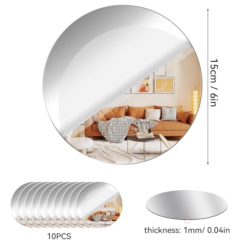 Fantasyon Acrylic Round Mirrors Self Adhesive Non Glass Mirror Circle Wall Mirror Clear Wall Sticker Decals for Wedding Table Centerpiece and Home Living Room Bedroom Wall Decor (6 inch/10 pcs)