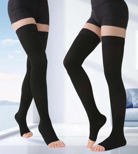 MGANG Medical Thigh High Compression Stockings for Men & Women, Pair, Open Toe, 20-30 mmHg Graduated Compression Support Hose, Opaque, Best for Varicose Veins, Edema, Flight, DVT, Swelling, Black S