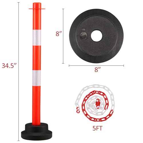 2 Pack 34 Inches Traffic Delineator Post Cones, Portable Orange Safety Driveway Barrier with Weighted Rubber Base, Reflective Collars, 5 FT Plastic Chain for Road Safety,Parking Lot