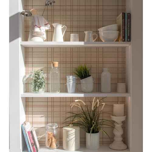 Peel and Stick Wallpaper Check Plaid Boho Neutral - Self Adhesive Waterproof Vinyl Wallpaper for Walls, Kitchen Backsplash, Bathroom, Bedroom, Rentals (Light, 17.3" X 78.73")