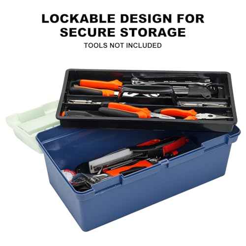 15-inch Tool Box with Removable Tray, Small Parts Box On The Lid is Removable, Tray Can be Removed and Combined at Will (Blue)