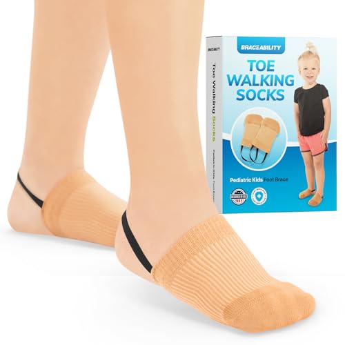 BraceAbility Toe Walking Socks (Pair) - Pediatric Kids Foot Brace for Comfortable Tip Toe Walking Prevention and Correction for Children and Toddlers, Cerebral Palsy Equipment, ADHD Support (S - Beige)