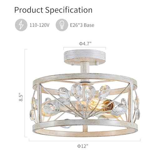 WUZUPS Crystal Leaf Chandelier 3-Light Vintage Farmhouse Industrial Semi-Flush Mount Ceiling Light Lighting Fixture for Foyer Hallway Storage Room Kitchen Bathroom, H 8.5" W 12", Antique White