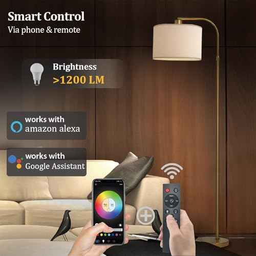 Gold Floor Lamp with Remote Control, 1200 Lumens Adjustable Height Dimmable Arc Floor Lamp for Living Room, Modern Gold Standing Lamp for Bedroom, Office, LED Smart Bulb Included