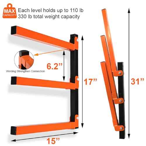 3-Level Lumber Storage Heavy Duty Metal Wall Mount, Wood Tool Box Organizer Rack, Workshop Indoor & Outdoor (4 Pack)