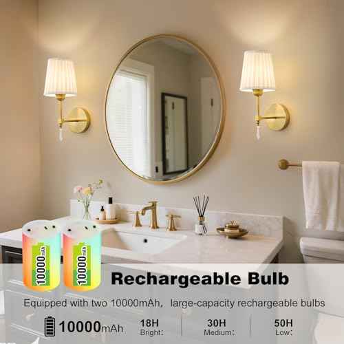 Battery Operated Wall Sconce Set of 2, 10000 Mah Rechargeable Wall Sconces Dimmable 12 RGBS,Remote Wireless Sconces,Gold Sconces Wall Decor Set of 2 Fabric,Cordless Wall Lamp for Bedroom,Living Room