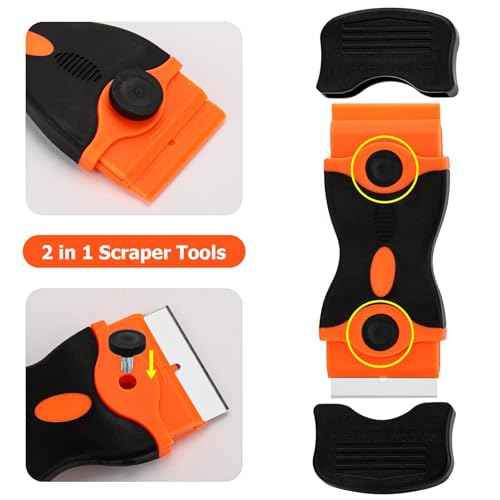 2 Pcs 2-in-1 Razor Blade Scraper Tool with 30Pcs Plastic Blades, 30Pcs Metal Blades and 2Pcs Plastic Cleaning Scrapers for Decals, Stickers, Labels, Caulk, Adhesive, Paint Removal