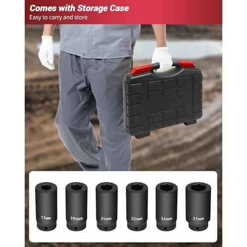 1/2¡¯¡¯ Drive Crank Bolt Socket Set, weighted socket set 6 Pack 17MM, 19MM, 21MM, 22MM, 24MM, 27MM, Harmonic Balancer Socket Set, 3 Times Momentum Power of Standard Impact Sockets