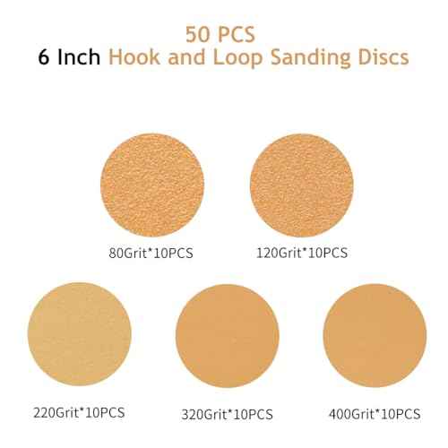 50 PCS 6 Inch 6 Hole Sanding Discs, Hook and Loop 80 120 220 320 400 Assorted Grits Sandpaper Disc for Random Orbital Sander