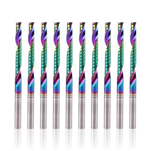 10 Pcs O Flute Up Cut Router Bits, 1/8-inch Shank Single Flute CNC End Mill, Spiral Solid Carbide Milling Cutters with DLC Coating, Ideal for Aluminum, Plastic, Acrylic, Wood, MDF and PVC
