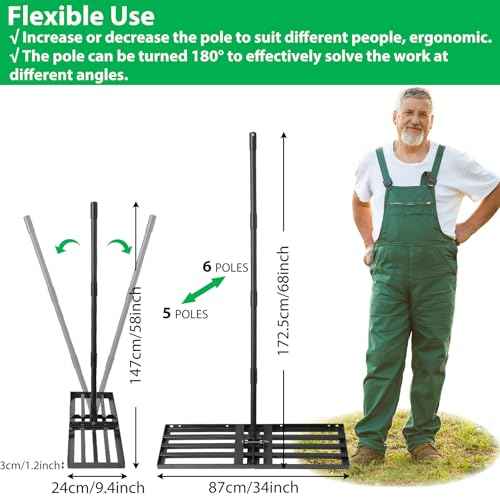 Pragmatist Lawn Leveling Rake, 34"x9.4" Leveling Rake 68" Leveler Tool Big Lawn Leveler Stainless Steel Landscaping Tool for Garden, Golf Lawn, Farm, Pasture, Yard Tool