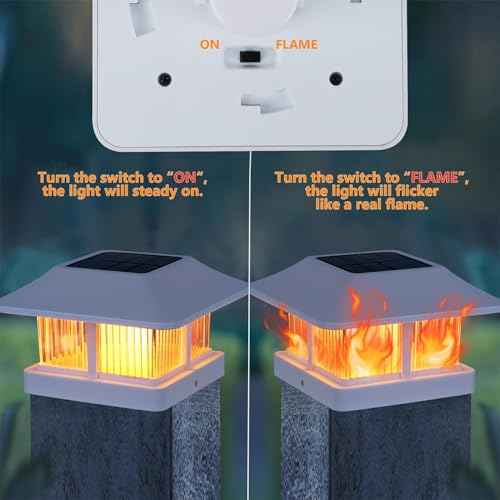 Dynaming Solar Flame Post Cap Lights Outdoor, Solar Powered White Shell Fence Post Light, Flickering Flame LED Lamps Waterproof for Garden Deck Patio, Fit 4x4, 5x5 or 6x6 Vinyl/Wooden Posts, 8 Pack
