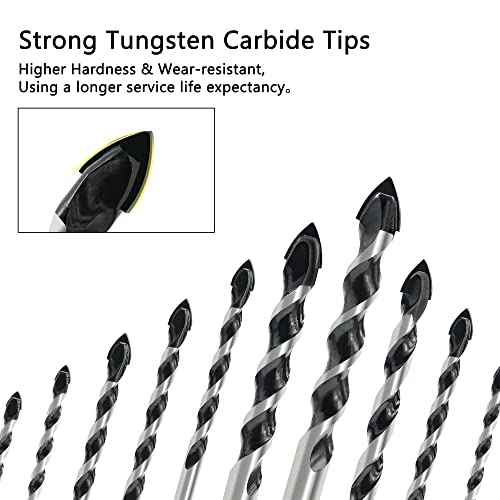 10pcs Masonry Drill Bits Set, 1/8 to 1/2" Concrete Drill Bit Set, Multi-Material Drill Bits for Brick, Tile, Cement, Ceramic, Glass, Plastic, Industrial Strength Carbide Tip with Storage Box