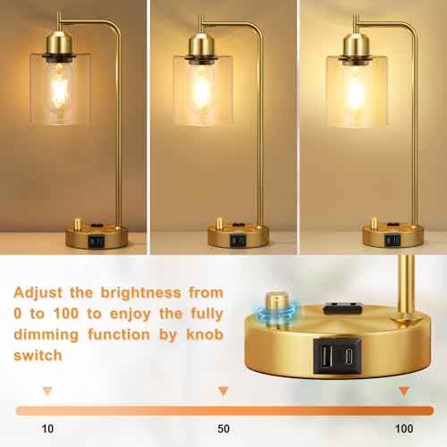 Innqoo Gold Table Lamp for Bedroom - Industrial Bedside Lamp with USB Port and Outlet, Fully Dimmable Nightstand Lamp with Clear Glass Shade, Small Desk Lamps for Home Office