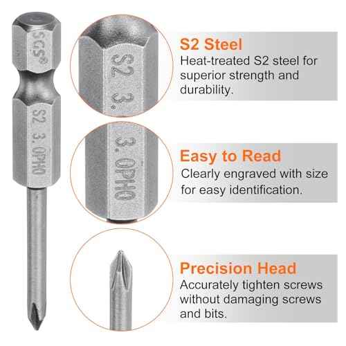 HARFINGTON 5pcs #0 Phillips Screwdriver Bit PH0 1/4" Hex Shank 2" (50mm) Long Magnetic S2 Steel Industrial Grade Screw Driver Bit Cross Head Electric Drill Bits 0.118" (3mm) Rod