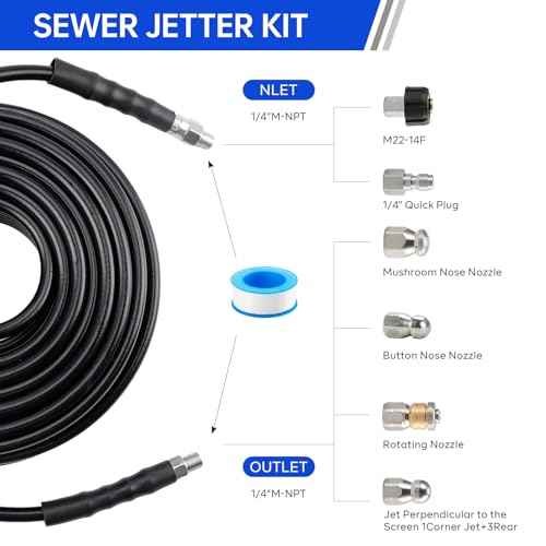 Sewer Jetter Kit 100FT for Pressure Washer, Pressure Washer Drain Jetter with 5800PSI Cleaner Hose 1/4 Inch NPT, Corner, Rotating & Button Nose Sewer Jetting Nozzle Spanner Waterproof Tape Pearl Pin