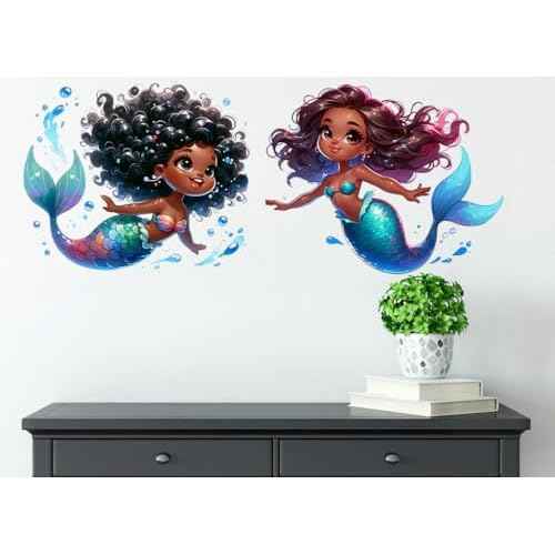 Black Mermaid Wall Decals, African American Girl Bedroom Wall Stickers,Waterproof Vinyl Removable Wall Decor for Black Baby Girl Nursery Kids Teens Room Home