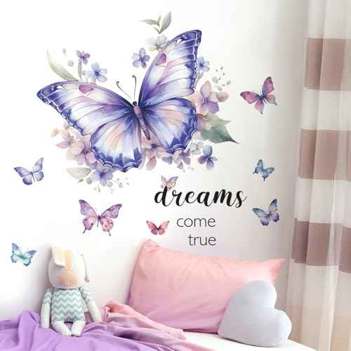Purple Butterfly Wall Decals Removable Butterfly Flower Wall Stickers Peel and Stick Butterflies Wall Decor Stickers for Kids Girls Bedroom Nursery Bathroom Decorations VA-G006