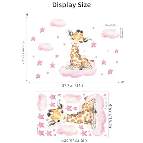 Cute Pink Baby Giraffe Wall Stickers, sacinora Moon and Stars DIY Art Wall Decals Removable Vinyl Peel and Stick for Kids Baby Girls Nursery Bedroom Toddler Room Decorations