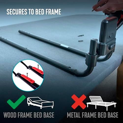 Able Life Click-N-Go Bed Handle for Wood Adjustable Bedframes, Removable Stand Assist Rail for Adults, Seniors and Elderly, Bedside Railing with Safety Strap, ASTM Safety Approved Bedrail