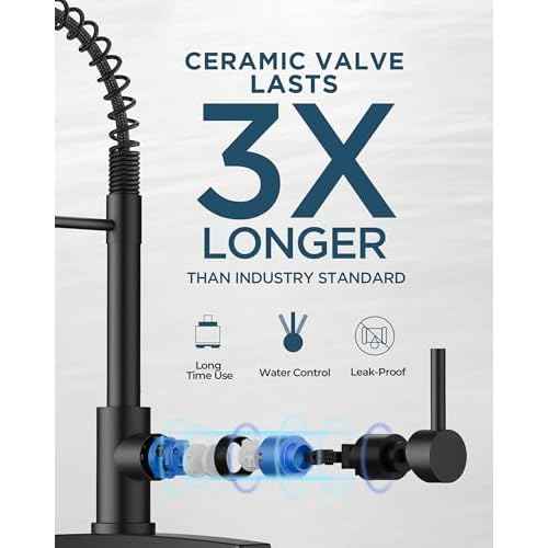 FORIOUS Black Kitchen Faucet with Soap Dispenser, Stainless Steel Single Handle Modern Spring Commercial Sink Faucet with Pull Down Sprayer for Laundry & Utility Room RV Camp Bar Farmhouse