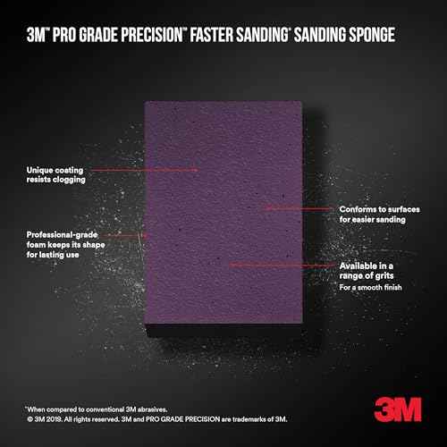 3M Pro Grade Precision Faster Sanding Block Sponge 120 grit Fine, 2.5 inch x 4.5 inch x 1 inch