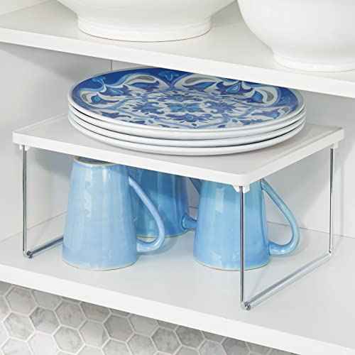 mDesign Metal Stacking Storage Organization for Shelves Inside Closet in Bedroom, Bathroom, Hall, or Entryway - Organizer Stand for Clothing, Linen, Household Items, Ligne Collection, 2 Pack, White
