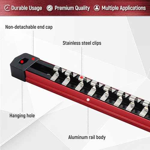 ALOANES 3-Piece Magnetic Socket Organizer, Heavy Duty Aluminum Socket Rails Organizer, Socket Rail Holder for Tool Box, 1/4-Inch Socket Holder x 45 Stainless Clips (Red)
